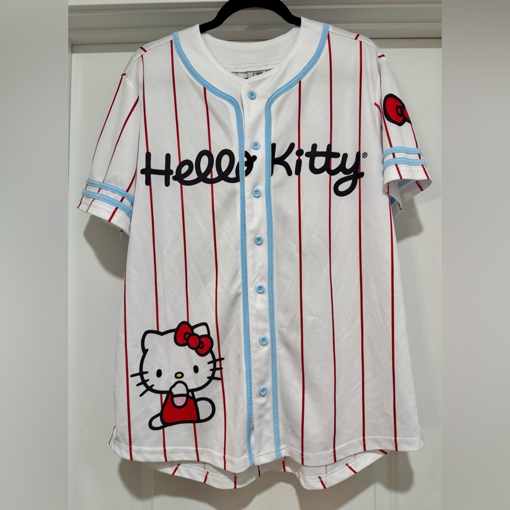 Hello Kitty White Baseball Jersey‎ with Red Stripes and Blue Accents Size XL EUC